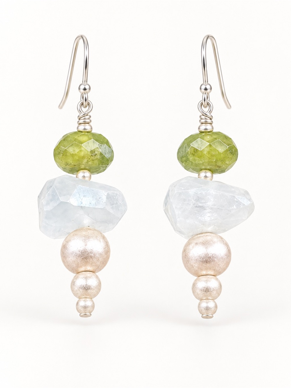 Handmade Silver, Green and White Bead Drop Earrings